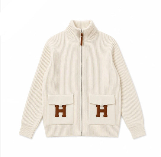 "H" Rib Zip Knit Cardigan